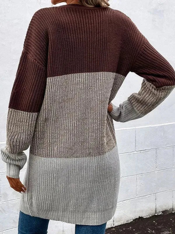 Women’s Colorblock Longline Cardigan Sweater – V-Neck