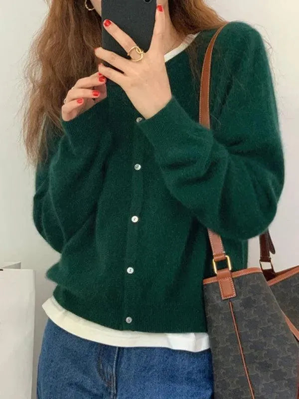 Women’s Crew Neck Button Cardigan Sweater – Minimalist Knit