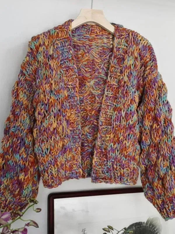 Women’s Cropped Colorblock Cardigan Sweater – V-Neck Knit