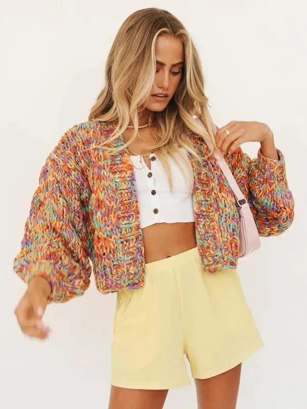 Women’s Cropped Colorblock Cardigan Sweater – V-Neck Knit