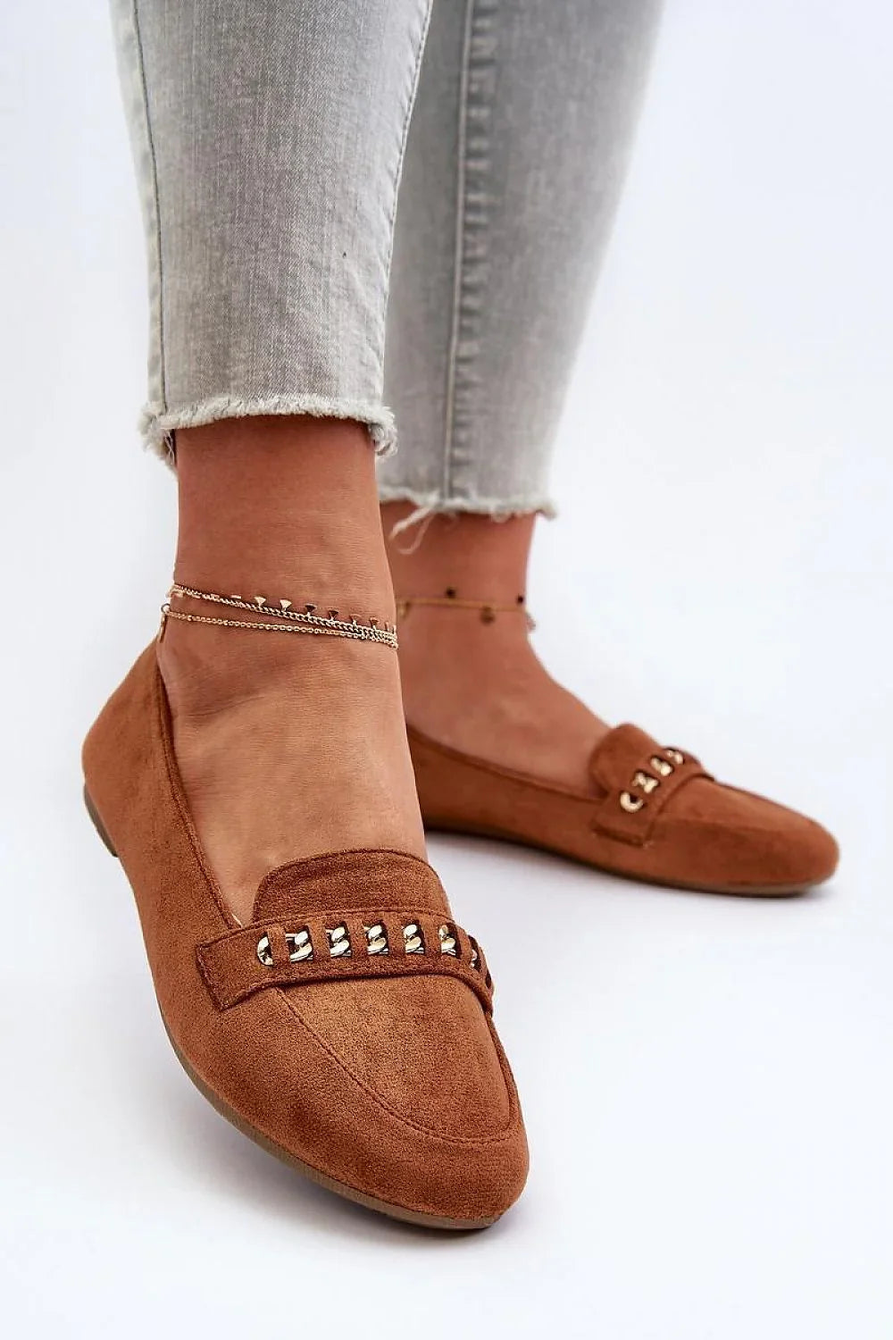 Women’s eco suede chain detail moccasin loafers, vegan women’s moccasin loafers for chic spring–summer looks