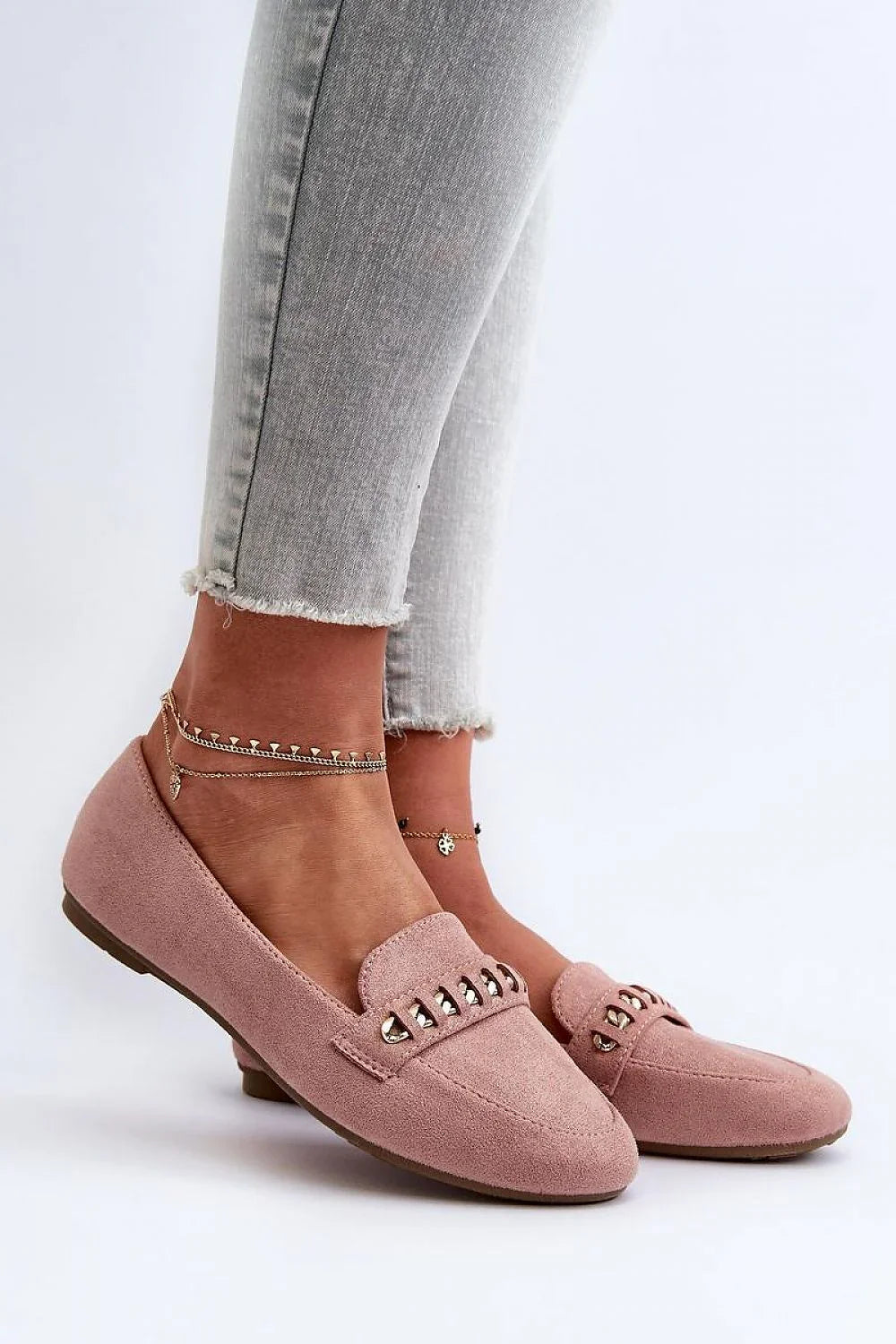 Women’s eco suede chain detail moccasin loafers, vegan women’s moccasin loafers for chic spring–summer looks