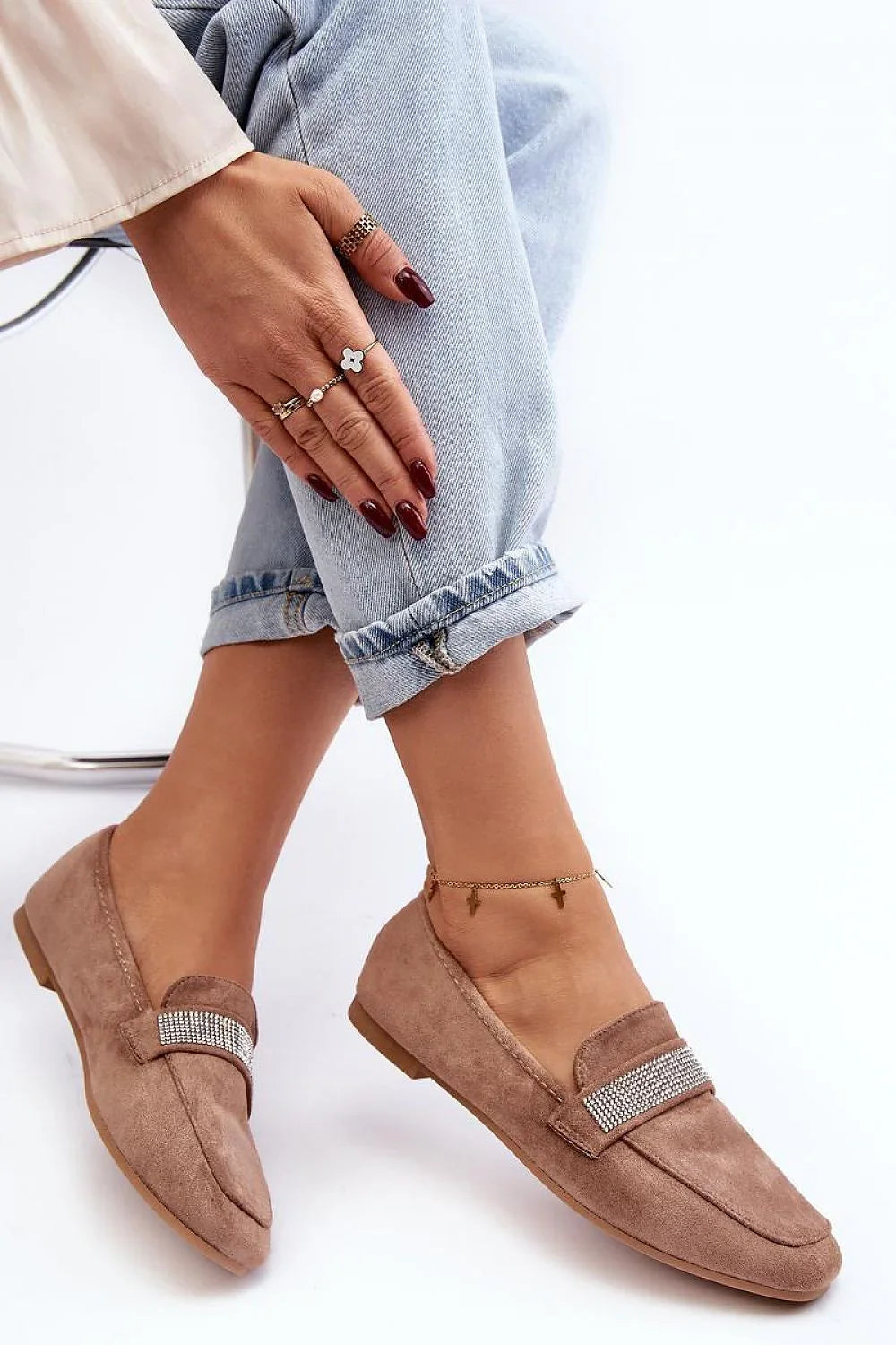 Women’s brown eco suede rhinestone moccasin loafers, chic flat women’s moccasins for office and casual wear