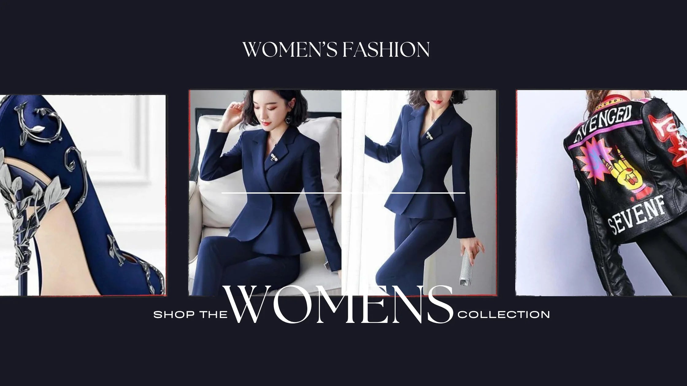Promotional banner for women's fashion collection with images of a woman in a suit and high heels.