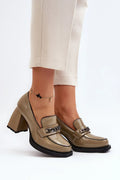 Women's Green Leather Chain Block Heel Pumps-Pumps Shoes-LeStyleParfait