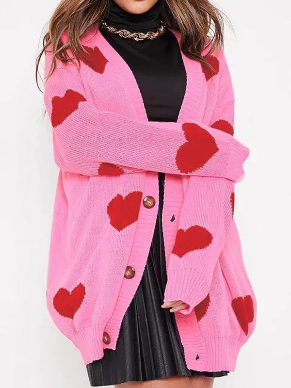 Women’s Heart Jacquard V-Neck Cardigan Sweater – Relaxed Fit