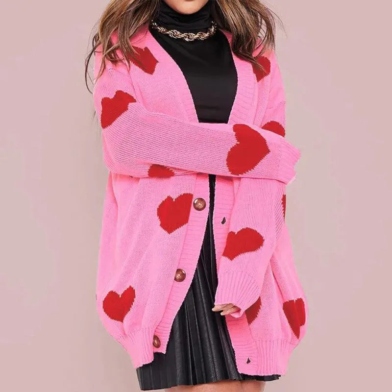Women’s Heart Jacquard V-Neck Cardigan Sweater – Relaxed Fit