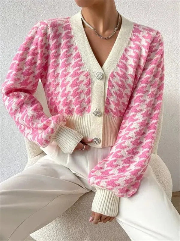 Women’s Houndstooth Cropped Cardigan Sweater – V-Neck
