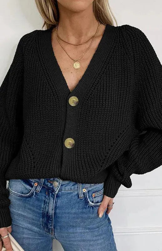 Women’s Lantern Sleeve V-Neck Cardigan Sweater – Button Knit