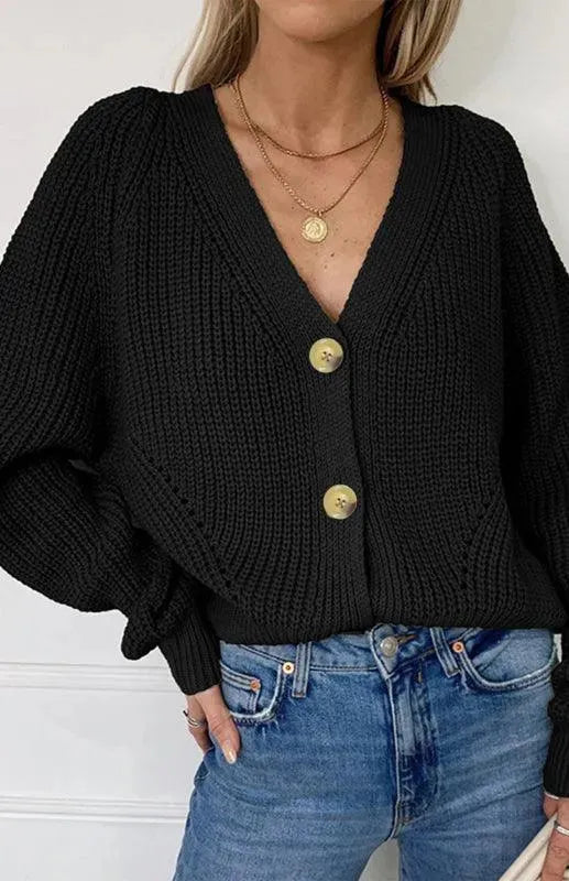 Women’s Lantern Sleeve V-Neck Cardigan Sweater – Button Knit