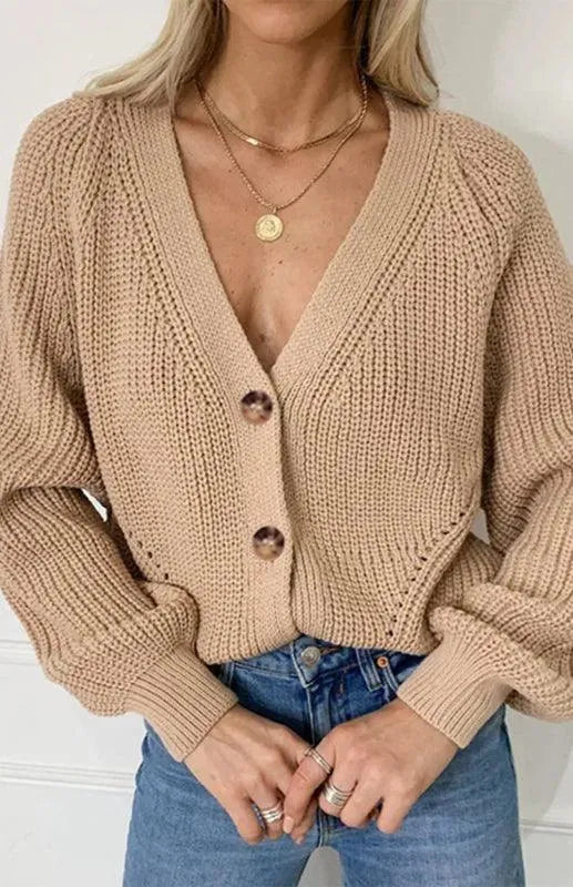 Women’s Lantern Sleeve V-Neck Cardigan Sweater – Button Knit