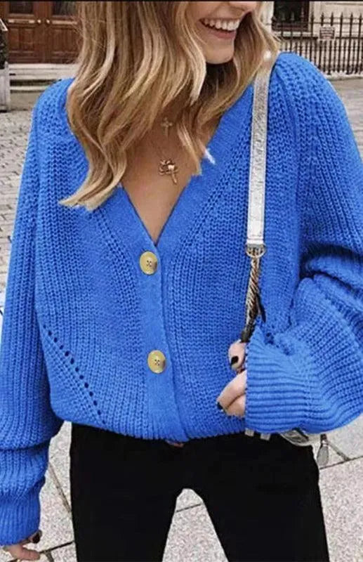Women’s Lantern Sleeve V-Neck Cardigan Sweater – Button Knit