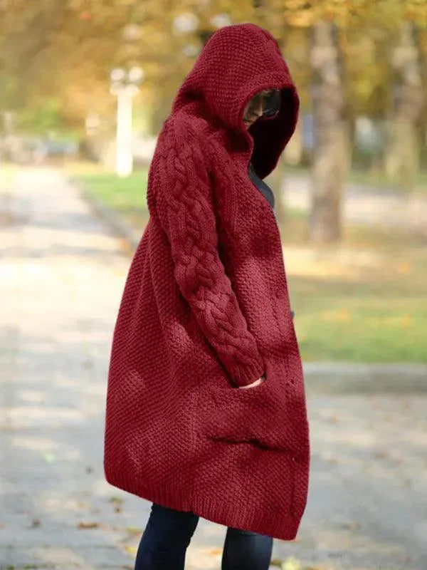 Women’s Long Hooded Cardigan Sweater – Button Front With Pockets