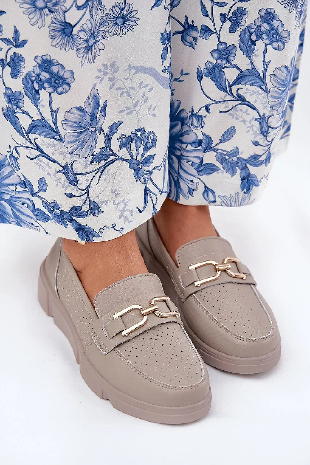Women’s natural leather wedge horsebit moccasins, breathable wedge moccasin loafers for spring–summer outfits