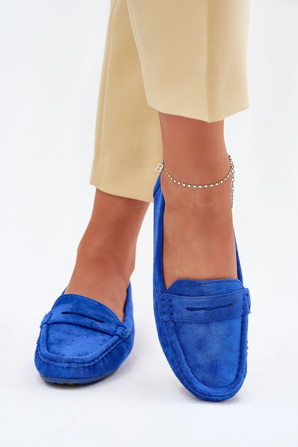 Women’s navy and violet penny driving moccasin loafers, flat women’s driving shoes for spring–summer