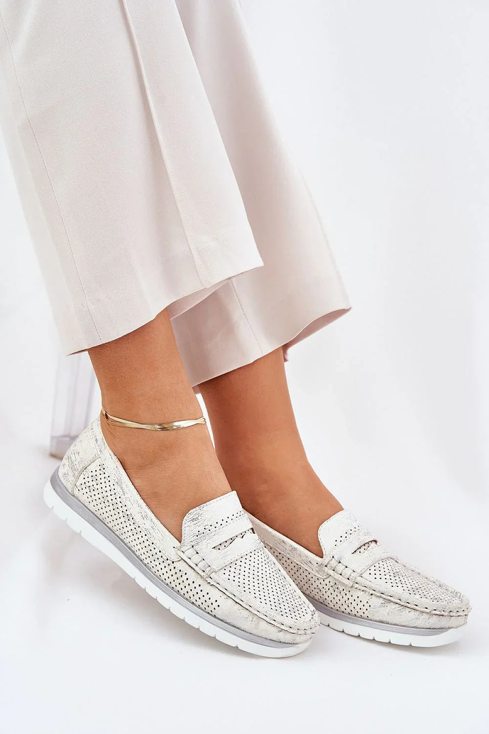 Women’s perforated eco leather driving moccasin loafers, casual women’s driving loafers for spring–summer