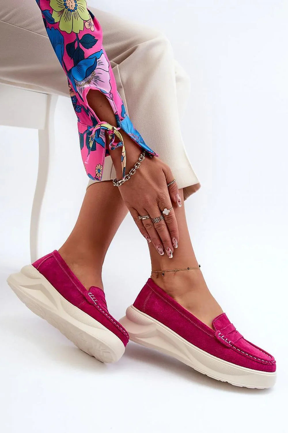 Women’s pink and beige platform moccasin loafers, colourful women’s platform moccasins from Platform Shoes