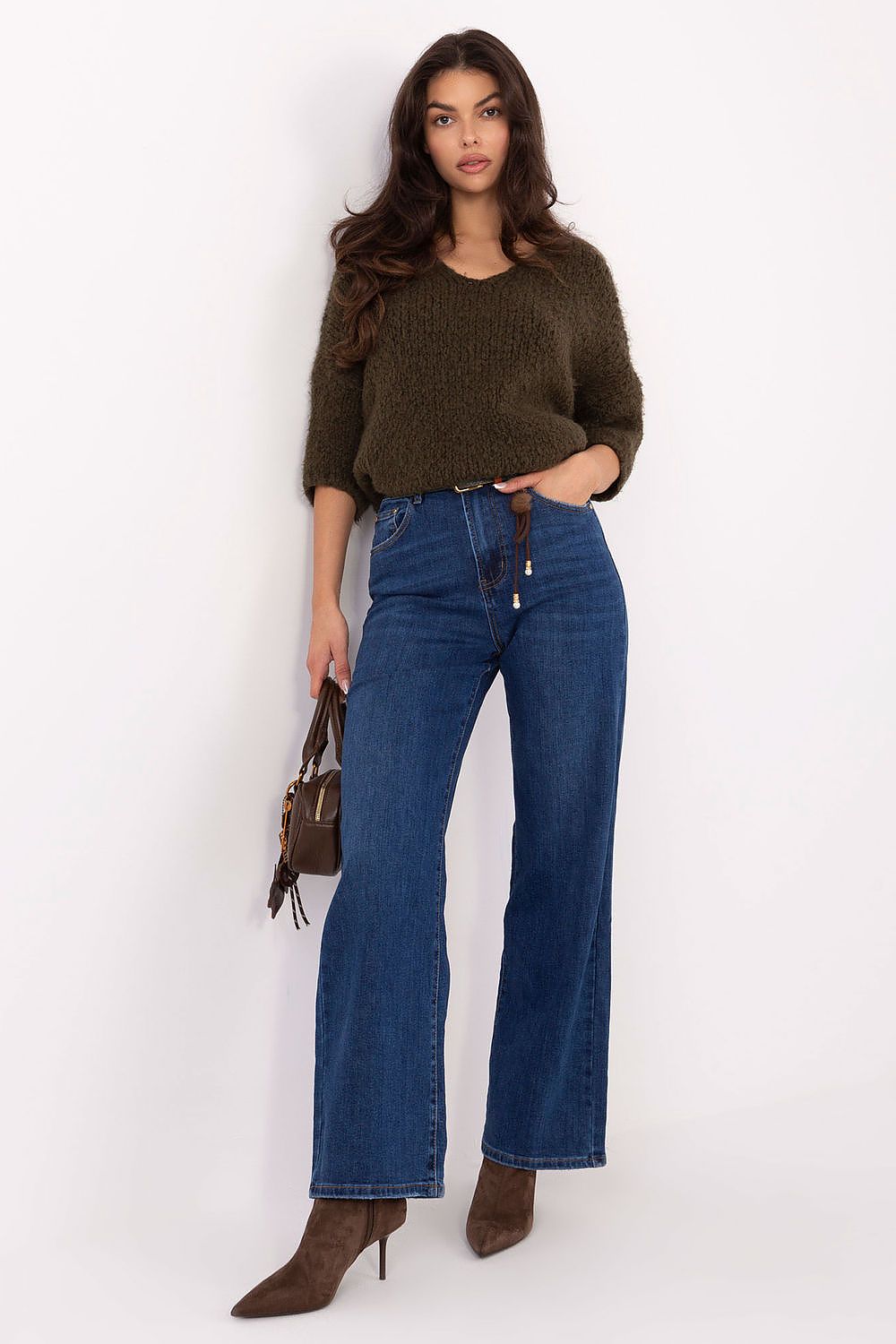 Women's Straight Leg Jeans - Blue High Waist Belted Denim-Straight Leg Jeans-LeStyleParfait