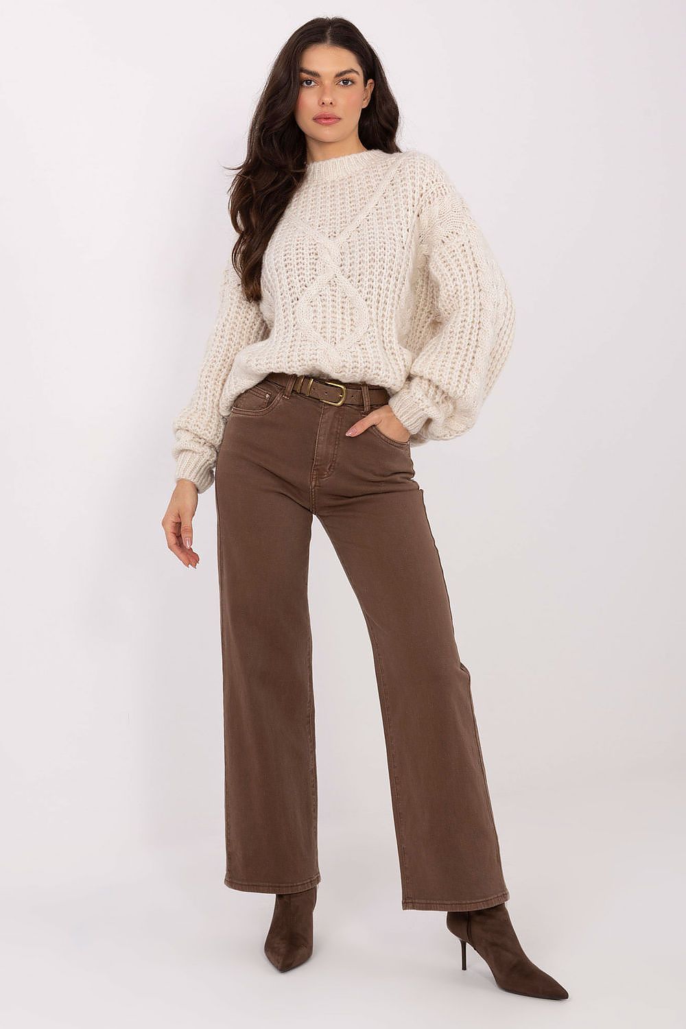 Women's Straight Leg Jeans - Brown Cotton High Waist-Straight Leg Jeans-LeStyleParfait