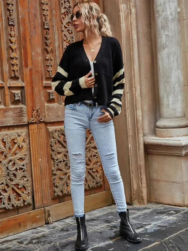 Women’s Striped Knit Cardigan Sweater – V-Neck Button
