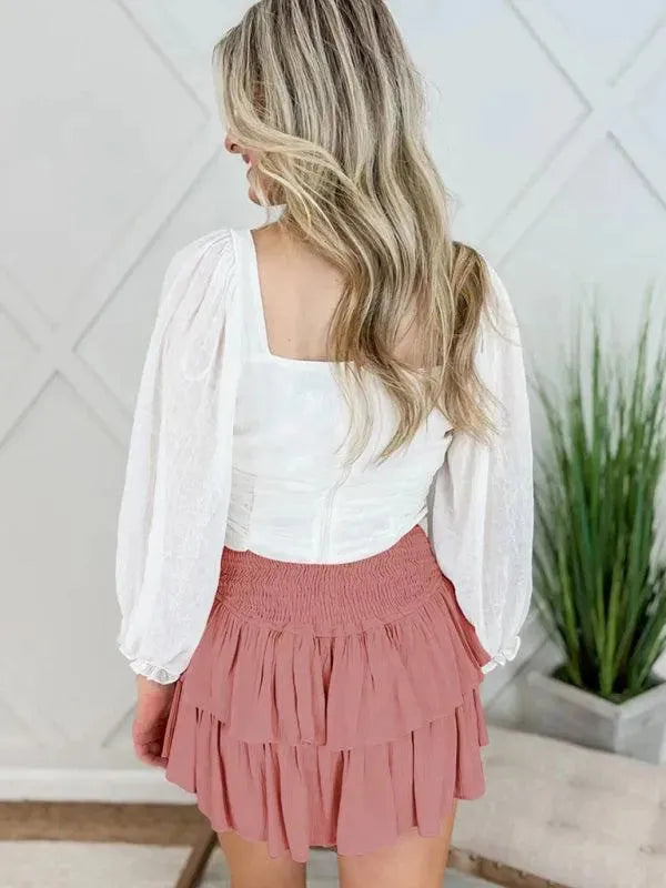 LeStyleParfait Women Skirts Ladies Sexy Mini Skirt Plain-Solid Drawstring-Elastic Waist-Tiered Mini Skirt