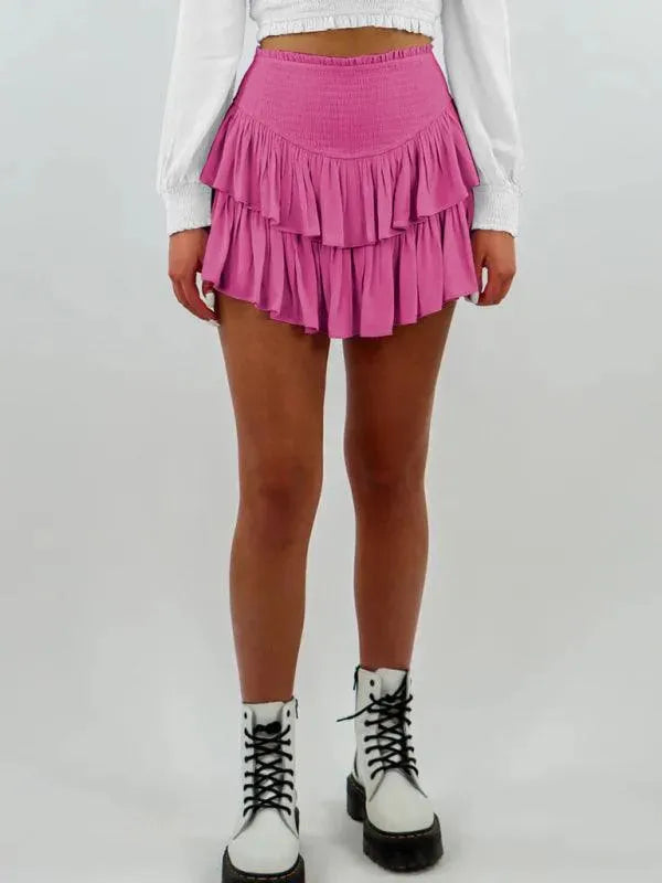 LeStyleParfait Women Skirts Ladies Sexy Mini Skirt Plain-Solid Drawstring-Elastic Waist-Tiered Mini Skirt