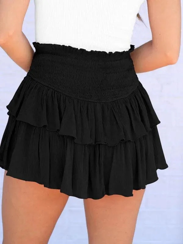 LeStyleParfait Women Skirts Ladies Sexy Mini Skirt Plain-Solid Drawstring-Elastic Waist-Tiered Mini Skirt