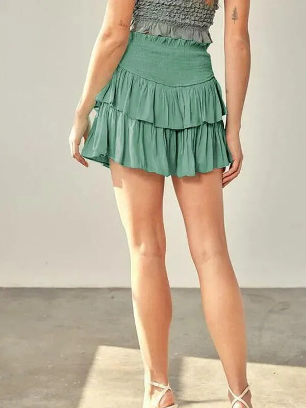 LeStyleParfait Women Skirts Ladies Sexy Mini Skirt Plain-Solid Drawstring-Elastic Waist-Tiered Mini Skirt