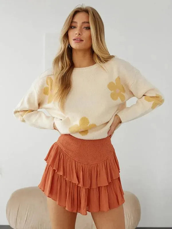 LeStyleParfait Women Skirts Ladies Sexy Mini Skirt Plain-Solid Drawstring-Elastic Waist-Tiered Mini Skirt