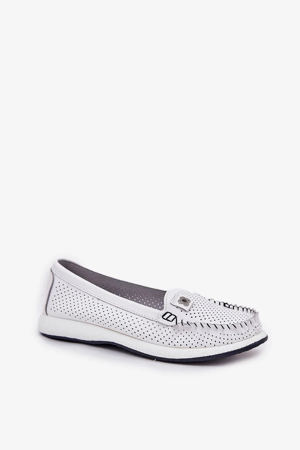 Women’s white perforated leather moccasin loafers, comfortable white women’s leather loafers for spring–summer