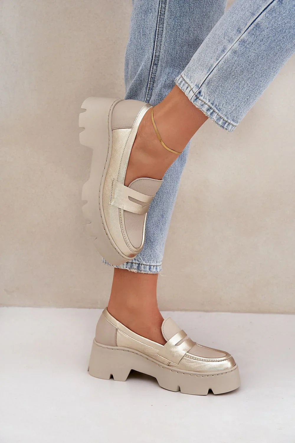 Women’s yellow natural leather platform moccasin loafers, chunky heel women’s platform loafers for spring–summer