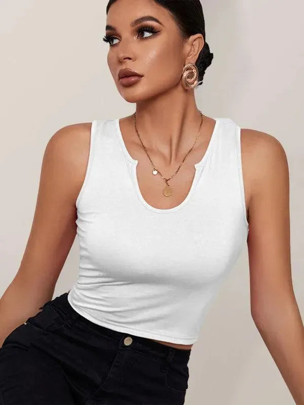 Y-Neckline Knit Tank Top - Women Tops - LeStyleParfait