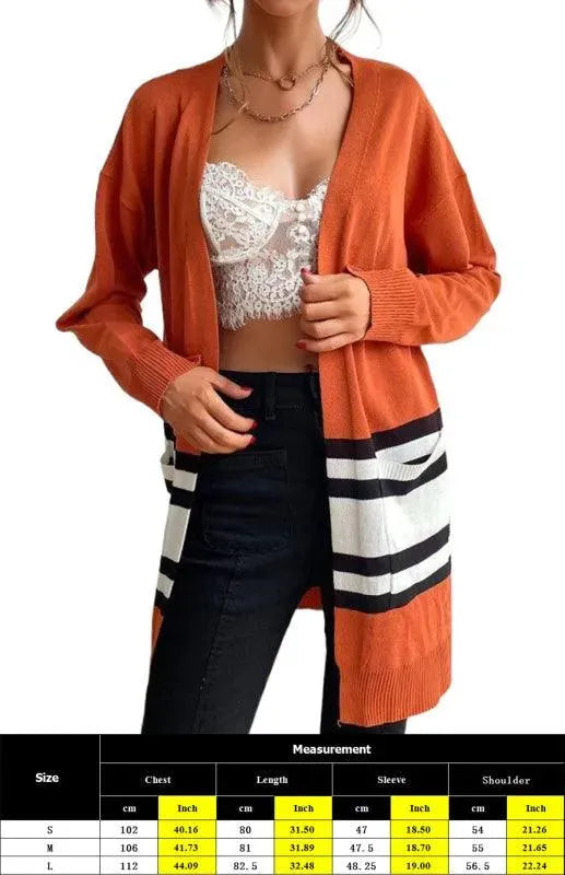 Women’s Contrast Stitch Longline Cardigan Sweater – V-Neck