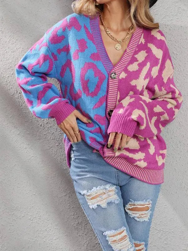 Women’s Oversized Leopard Cardigan Sweater – V-Neck Knit