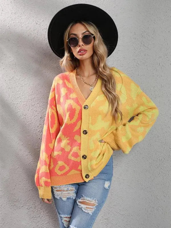 Women’s Oversized Leopard Cardigan Sweater – V-Neck Knit