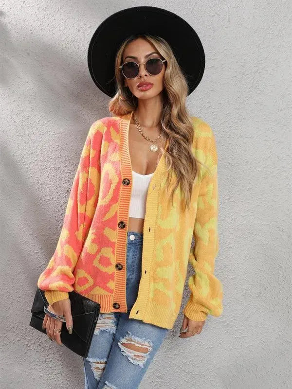 Women’s Oversized Leopard Cardigan Sweater – V-Neck Knit