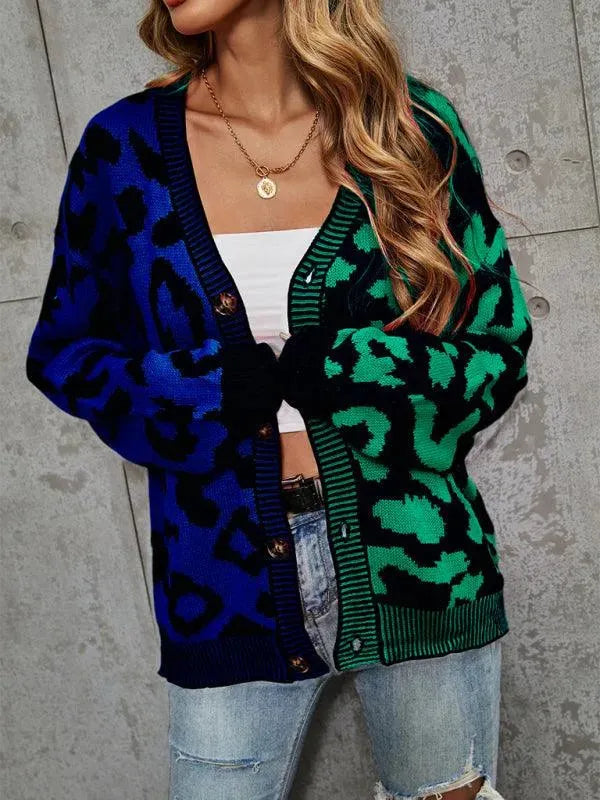 Women’s Oversized Leopard Cardigan Sweater – V-Neck Knit