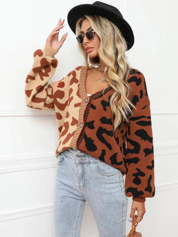 Women’s Oversized Leopard Cardigan Sweater – V-Neck Knit