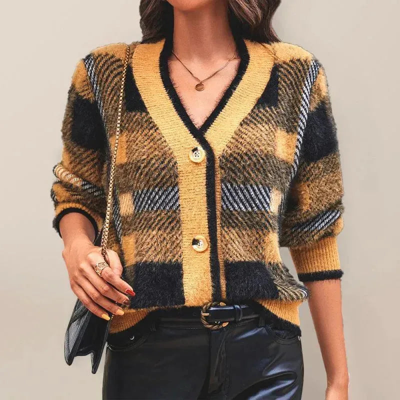 Women’s Plaid V-Neck Cardigan Sweater – Button Fall/Winter Knit