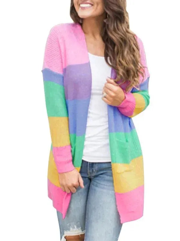 Women’s Striped Long Cardigan Sweater – V-Neck Button