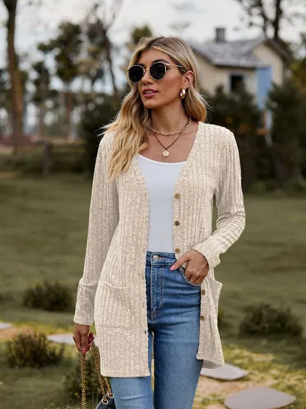 Women’s Textured Longline Cardigan Sweater – V-Neck Button Knit