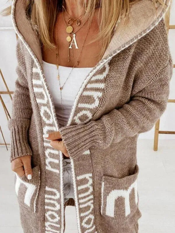 Long Hooded Letter Print Women Cardigan - Cardigan Sweater - LeStyleParfait
