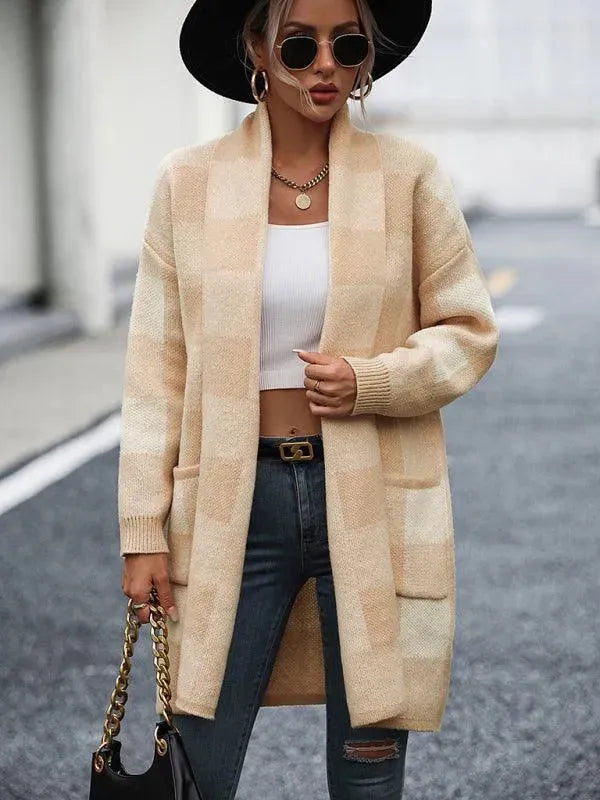 Loose Plaid Color Block Knit Cardigan Sweater - Cardigan Sweater - LeStyleParfait