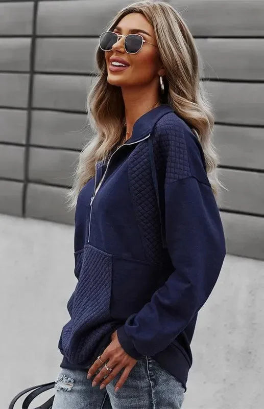 Women Regular Checked Zip-Up Sweatshirt Essential Fit-Women Sweatshirt-LeStyleParfait