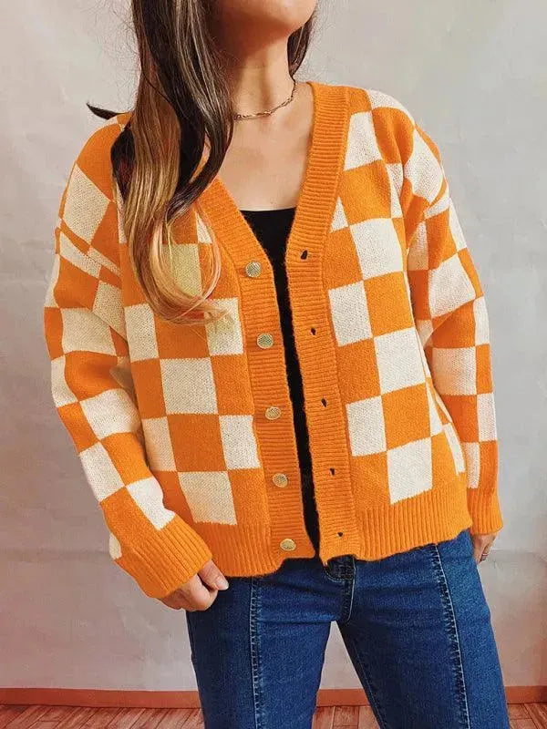 Women’s Checkered V-Neck Cardigan Sweater – Button Knit