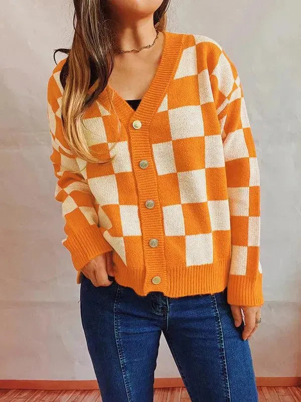 Women’s Checkered V-Neck Cardigan Sweater – Button Knit