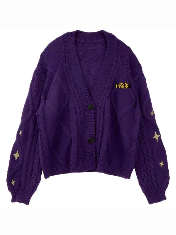 Women’s Embroidered Oversized Cardigan Sweater – V-Neck Knit