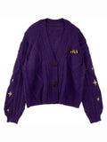 Women’s Embroidered Oversized Cardigan Sweater – V-Neck Knit