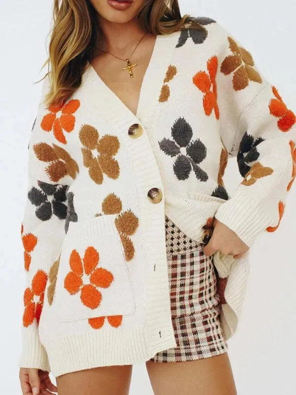 Women’s Jacquard V-Neck Cardigan Sweater – Drop Shoulder Knit