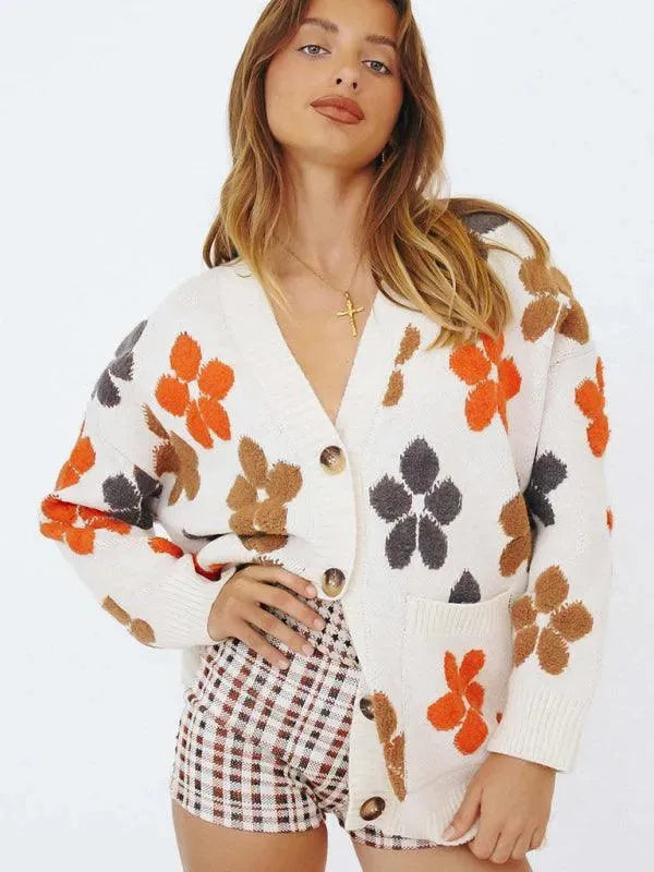 Women’s Jacquard V-Neck Cardigan Sweater – Drop Shoulder Knit